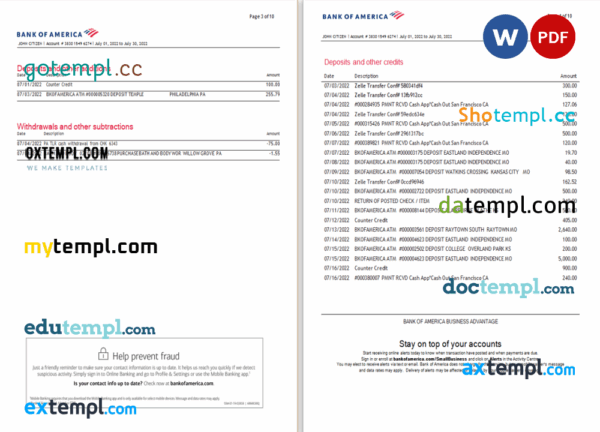 USA Bank of America bank statement 3 - 6 months Word and PDF example (10 pages), version 5 - Image 2