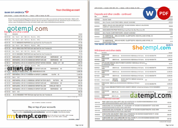 USA Bank of America bank statement 3 - 6 months, Word and PDF example, 10 pages - Image 2