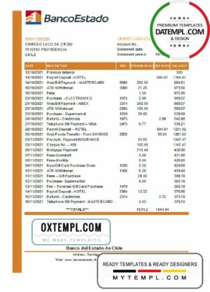 Chile Banco del Estado de Chile bank statement easy to fill template in .xls and .pdf file format