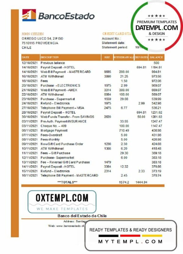 Chile Banco del Estado de Chile bank statement easy to fill template in .xls and .pdf file format