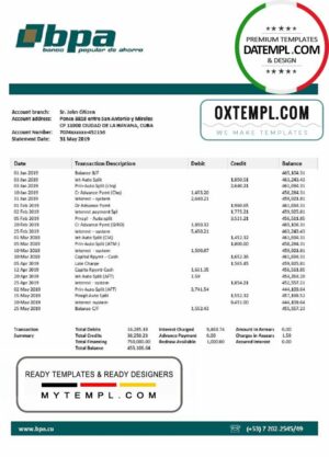 Cuba Banco Popular de Ahorro (BPA) bank proof of address statement template in Word and PDF format