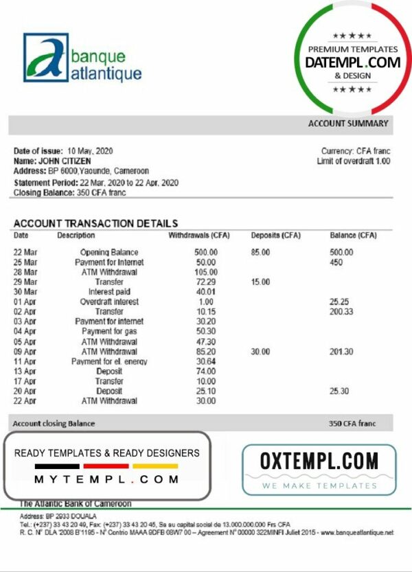 Cameroon Atlantic bank statement template in Word and PDF format