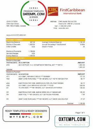 Canada CIBC Bank statement template in Excel and PDF format (AutoSum)