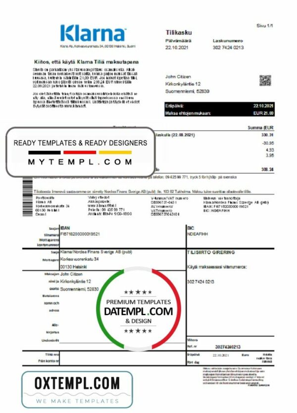 Finland Klarna Bank statement template in Excel and PDF format, in Finnish language