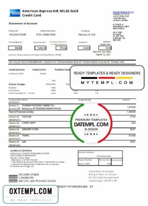 Canada American Express Air Miles Credit Card account statement template in .xls and .pdf file format (AutoSum)