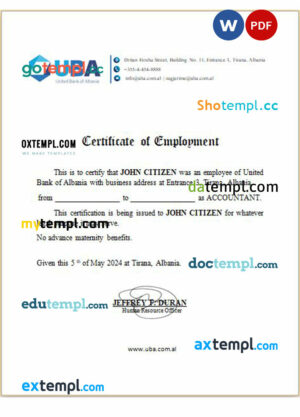 Albania UBA Bank certificate of employment Word and PDF download template