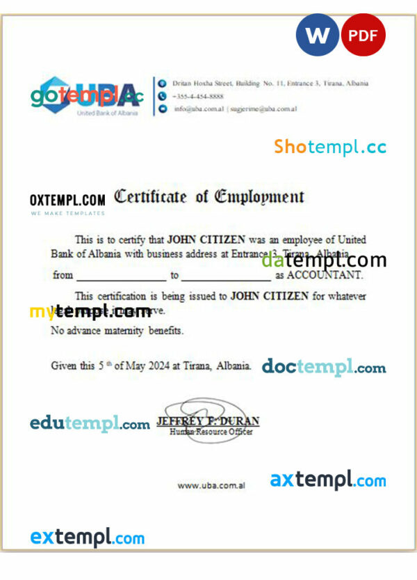 Albania UBA Bank certificate of employment Word and PDF download template