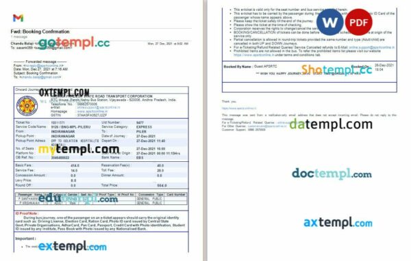 Andhra Pradesh State Road Transport Corporation bus e-ticket, Word and PDF download template, 2 pages, version 3