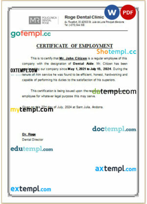 Andorra Roge Dental Clinic certificate of employment Word and PDF download template