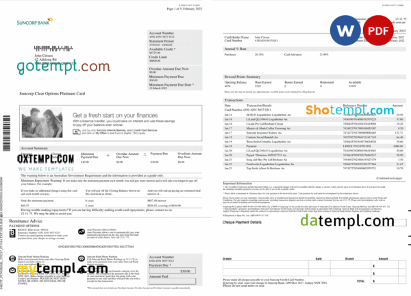Australia Suncorp bank card account statement, Word and PDF template, 5 pages