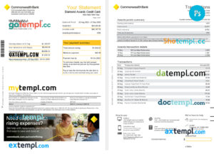 Australia NSW Commonwealth bank Diamond Awards Credit card statement Word and PDF template, 4 pages