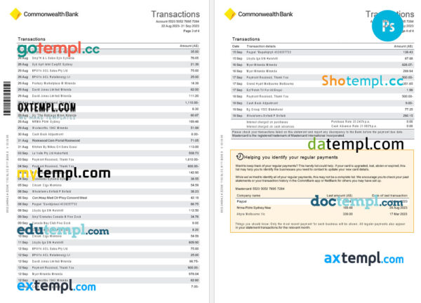 Australia NSW Commonwealth bank Diamond Awards Credit card statement Word and PDF template, 4 pages - Image 2