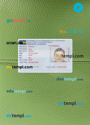 Bahamas driving license editable PSD files, scan look and photo-realistic look, 2 in 1
