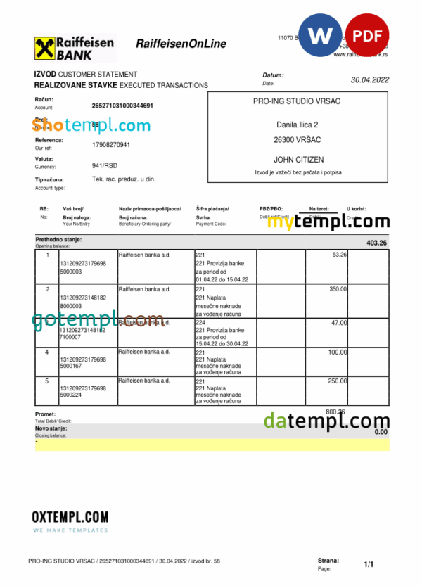 Bulgaria Raiffeisen bank statement, Word and PDF template