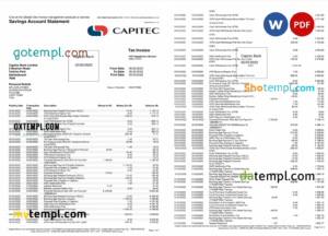 South Africa Capitec bank savings account statement, Word and PDF template, 4 pages