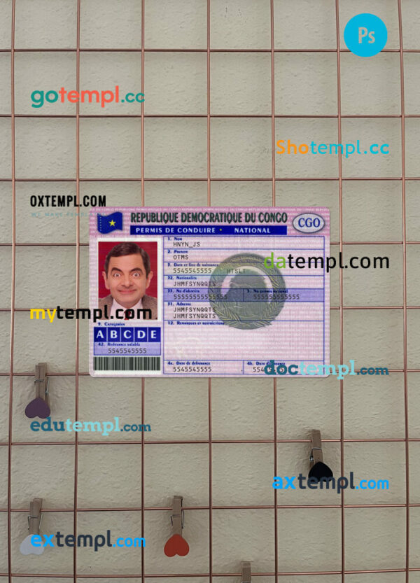 Congo driving license editable PSD files, scan look and photo-realistic look, 2 in 1, version 3
