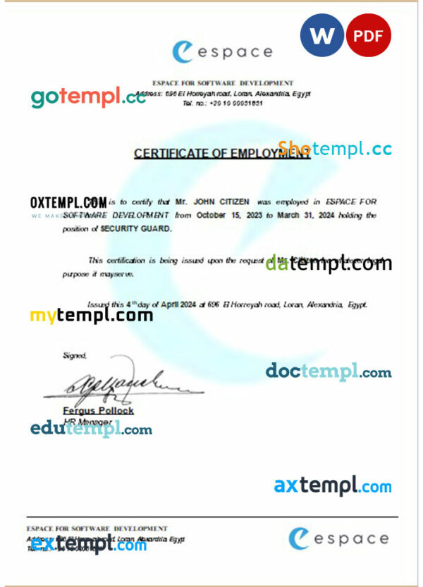 Egypt Espace for Software Development certificate of employment Word and PDF download template