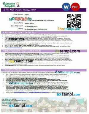 Enchanted Kingdom’s Park e-ticket, Word and PDF download template