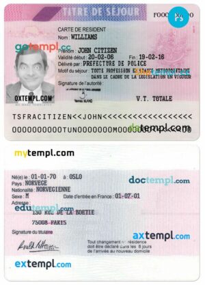 French residence permit card PSD example, version 3