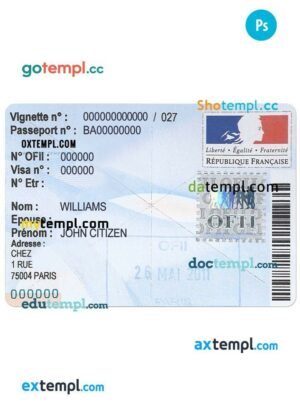 French residency OFII visa stamp example in PSD format, with fonts