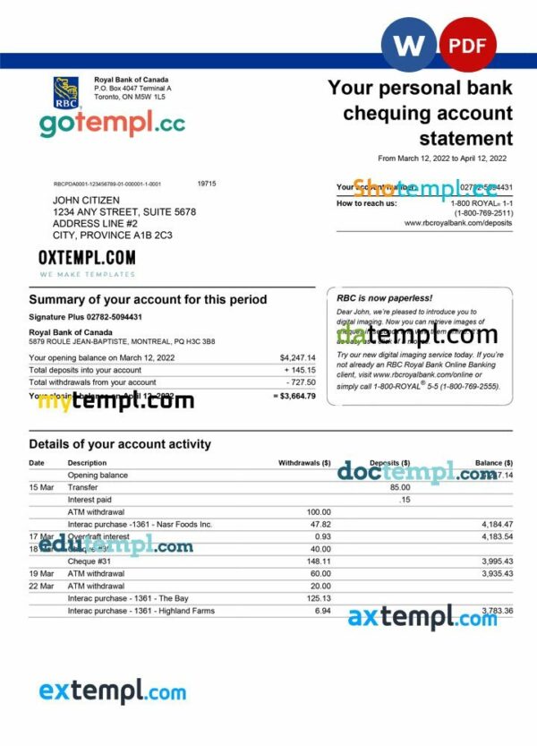 Canada Royal Bank of Canada (RBC) bank statement, Word and PDF template, version 3