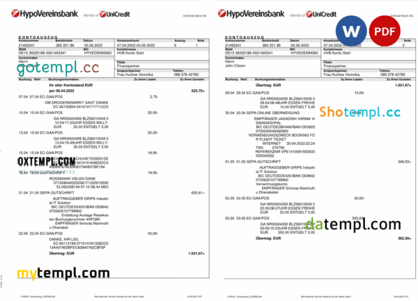 Germany HypoVereins bank statement, Word and PDF template, 3 pages