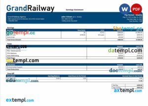 Grand Railway company paystub example in Word and PDF formats