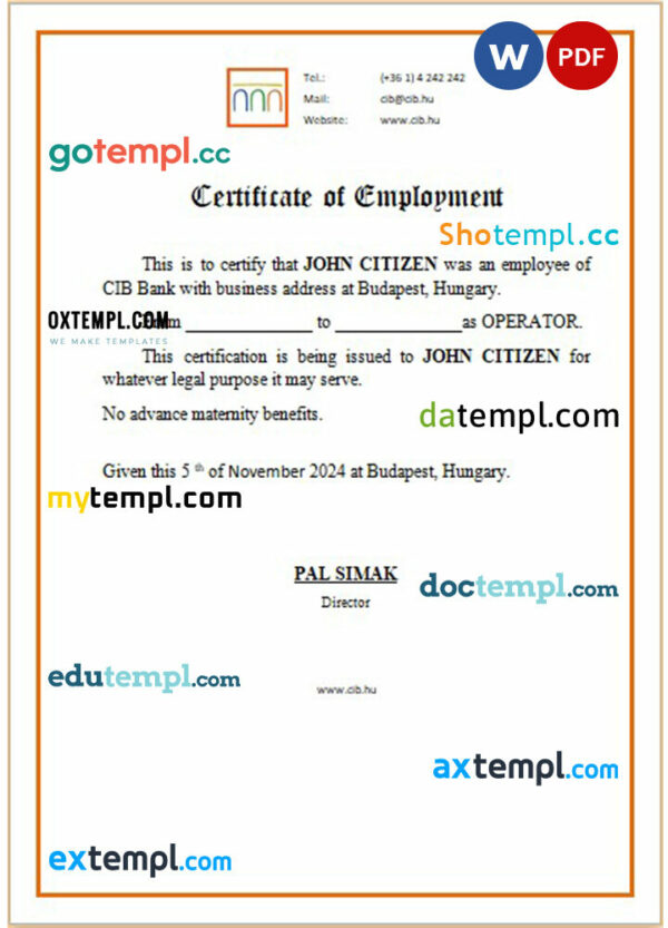 Hungary CIB Bank certificate of employment Word and PDF download template