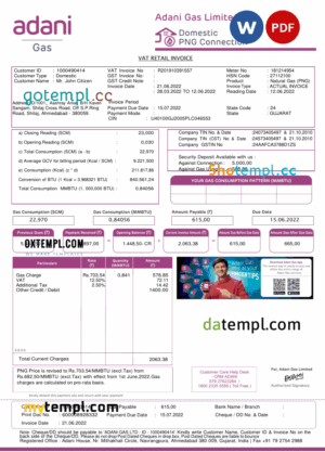 India Adani gas utility bill download example in Word and PDF format