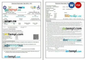 Indian Railways, Peytm, IRCTC train e-ticket, Word and PDF download template, 2 pages