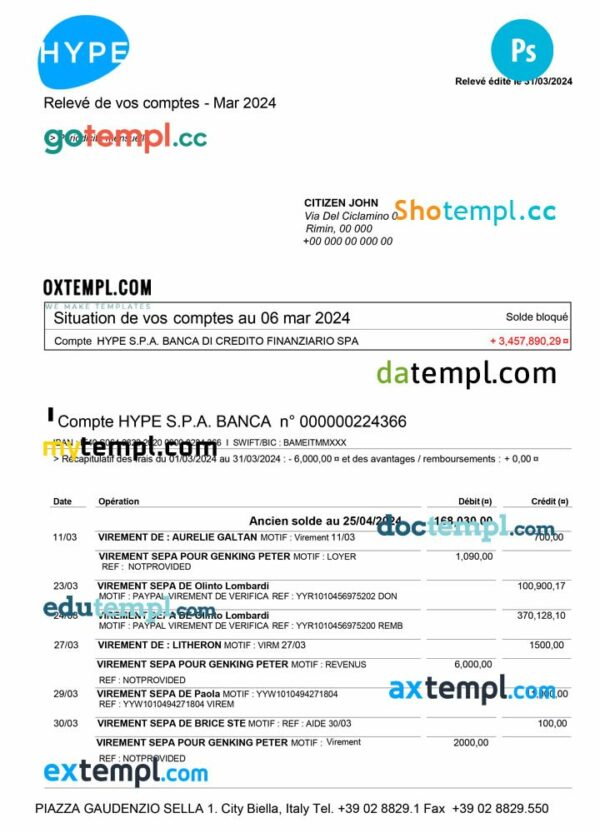 Italy HYPE SPA bank statement Word and PDF template