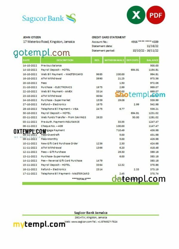 Jamaica Sagicor bank statement Excel and PDF template