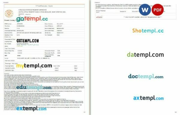 Karnataka State Road Transport Corporation bus e-ticket, Word and PDF download template, 2 pages, version 2