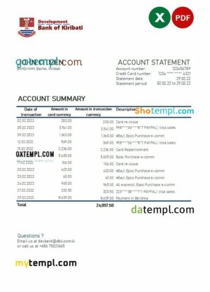 Kiribati Development Bank of Kiribati Excel and PDF template