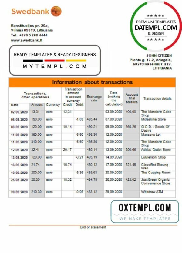 Lithuania Swedbank statement template in Word and PDF format