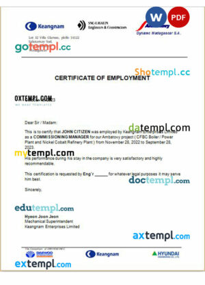 Madagascar Keangnam Enterprises Limited certificate of employment Word and PDF download template