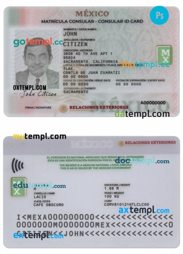 Mexico consular ID card PSD template, completely editable