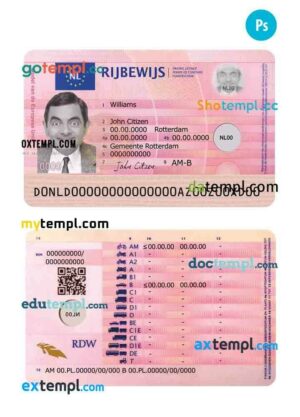 Netherlands driving license template in PSD format, 2014 – present