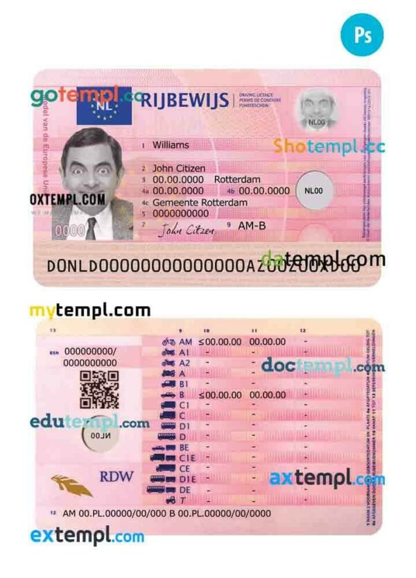 Netherlands driving license template in PSD format, 2014 – present