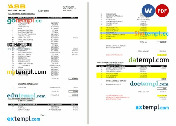 New Zealand ASB bank statement Word and PDF template, 2 pages