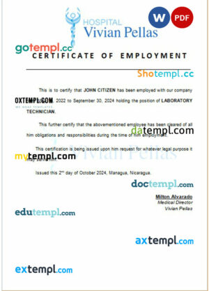 Nicaragua Vivian Pellas Hospital certificate of employment Word and PDF download template