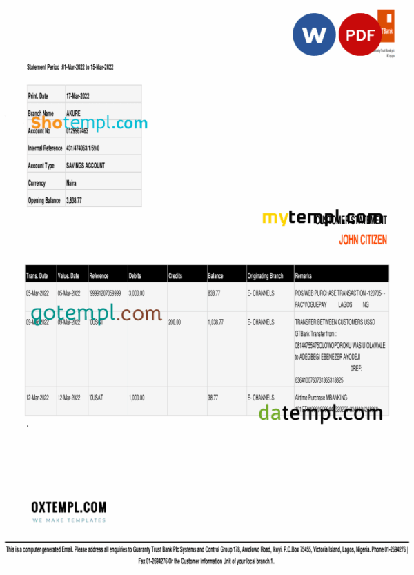 Nigeria Guaranty Trust Bank (GTBank) savings account statement Word and PDF template