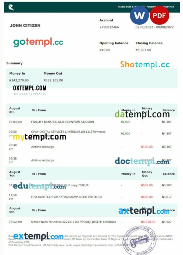 NIGERIA RAVEN bank statement Word and PDF template