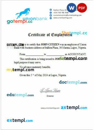 Nigeria Union Bank certificate of employment Word and PDF download template