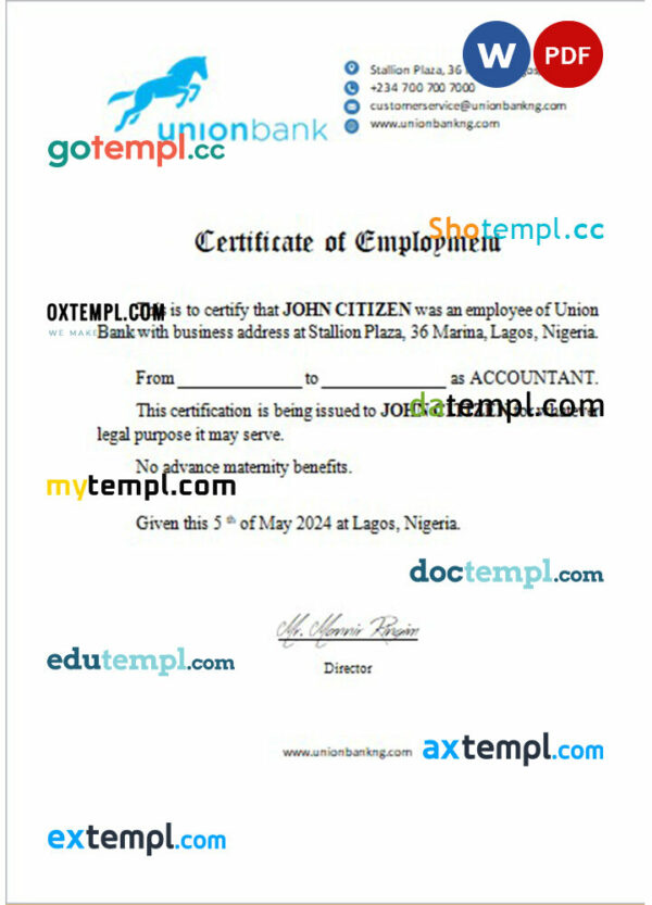 Nigeria Union Bank certificate of employment Word and PDF download template