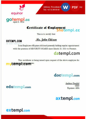 Norway Equinor ASA certificate of employment Word and PDF download template