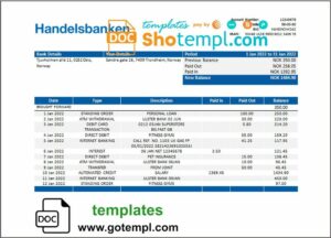 Norwegian Handelsbank bank statement 3 - 6 months example in Word and PDF format