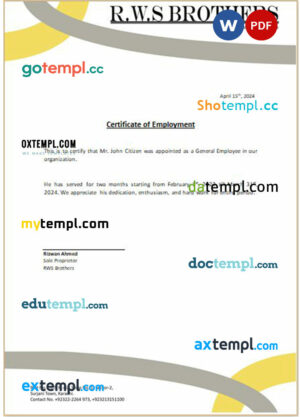 Pakistan RWS Brothers certificate of employment Word and PDF download template