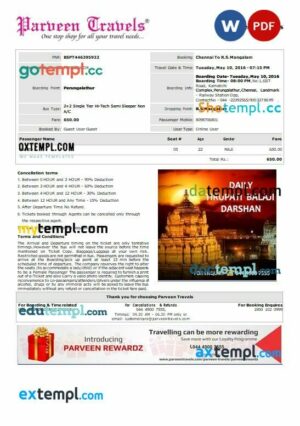 Parveen Travels bus e-ticket, Word and PDF download template
