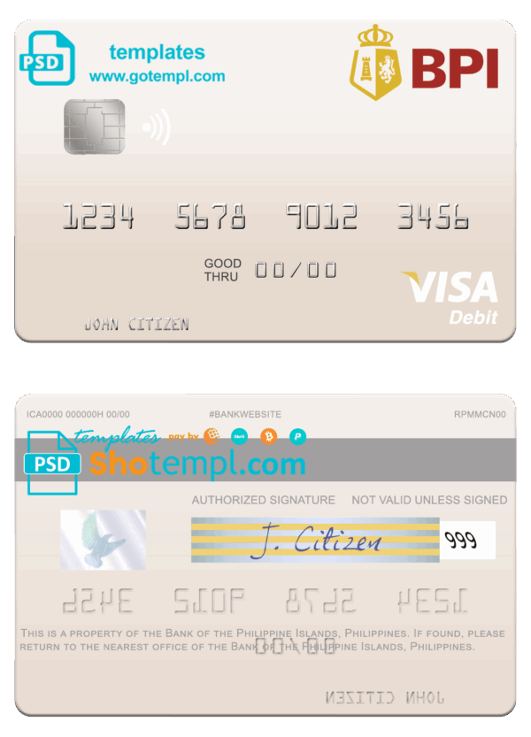 Philippines Bank of the Philippine Islands visa debit card, fully editable template in PSD format